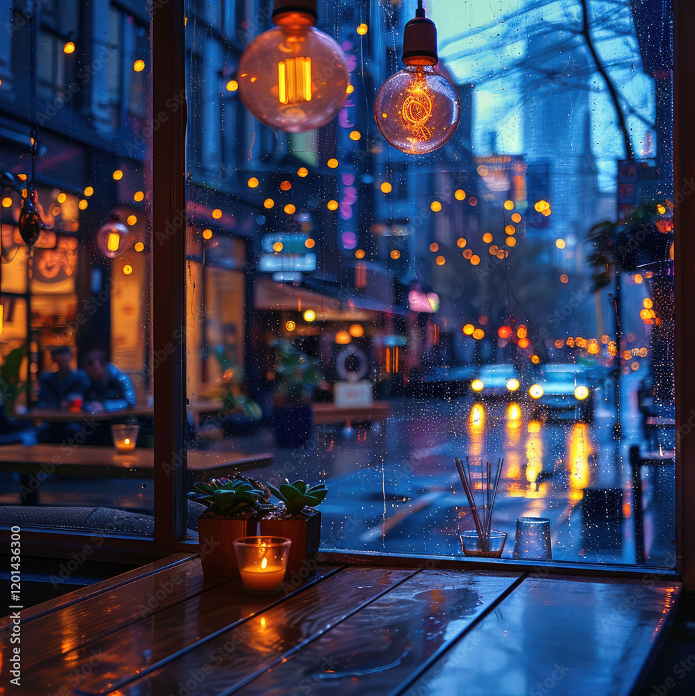 Aufkleber a window inside a cafe with raindrops on the window and a purple modern city in the background outsi