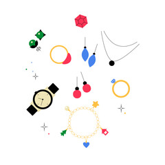 Jewelry Collection In Flat Vector Illustration Symbolizing Accessories, Elegance, And Luxury, Isolated On White Background.