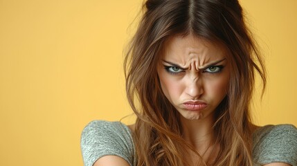 A young woman shows a look of annoyance, pouting and furrowing her brows, against a vibrant yellow backdrop that highlights her emotions vividly