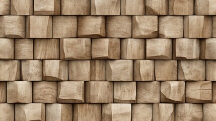 Fototapeta premium Seamless texture of light brown wood blocks forming a wall.