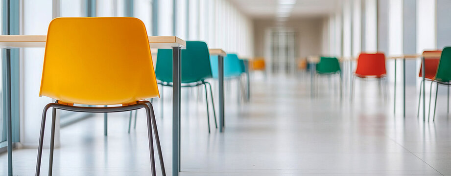 Brightly colored chairs in modern university corridor create inviting atmosphere for collaboration and study