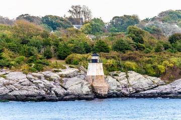A view close up view towards the Castle Hill Lighthouse in Newport, USA in the fall