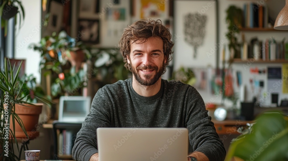 Aufkleber A cheerful man sits at a laptop, deeply focused on web development in a lively workspace adorned with plants and artwork. His smile radiates enthusiasm while creating