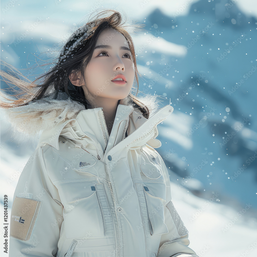 Wall mural a Korean female model wearing a white ski suit, standing in a snowy mountain landscape with light snow falling.