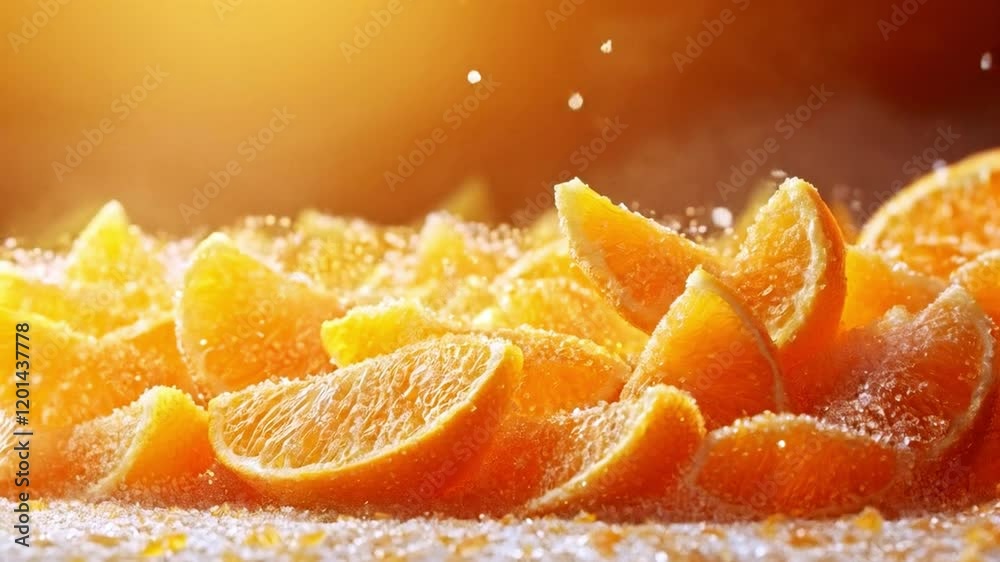 Poster slices of fresh oranges burst with juicy energy as water droplets scatter around, creating a lively 