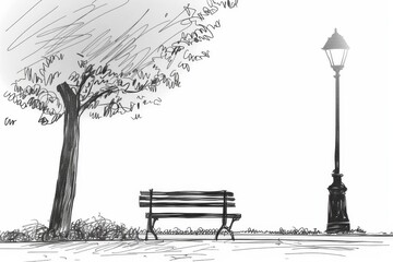 A serene park scene featuring a bench, tree, and lamppost in a minimalist sketch style.