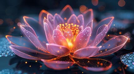 3D render of a lotus flower with fractal petals, glowing and sparkling against a dark background, with cosmic colors.