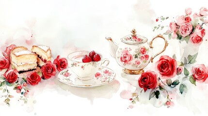 Watercolor illustration of British afternoon tea,tea break in the English style,tea set with Afternoon tea stand with macaroons and scone,cake,cup of tea,Tea time dessert table,vintage style.
