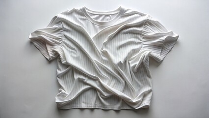 Obraz premium Pleated Wrinkled White T-Shirt Mockup: Top View Isolated on White