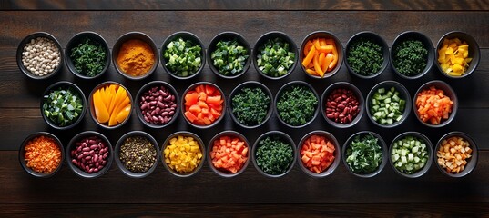 Assortment of chopped vegetables and legumes in small bowls on a dark wooden background.