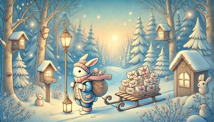 A Whimsical Journey of the Rabbit Mailman Delivering Glowing Parcels Through a Sunny Snowy Forest in Early Spring