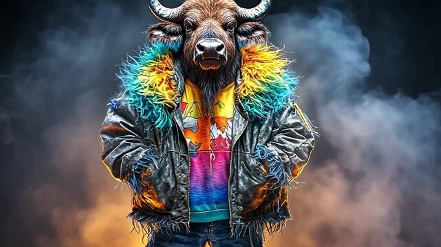Unique artistic representation of a buffalo wearing colorful urban clothing in a vibrant setting