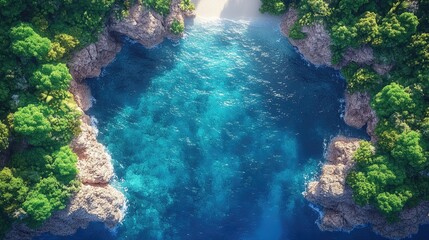 Obraz premium Aerial view of a secluded tropical cove surrounded by lush greenery and clear blue waters