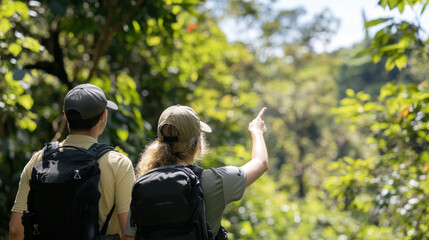 Explorers in nature, two hikers pointing and whispering in lush forest, sharing moment of discovery. vibrant greenery surrounds them, creating serene atmosphere