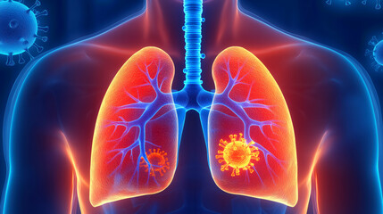 Human metapneumovirus HMPV, with lungs and virus in the background. A respiratory virus causing flu-like symptoms such as coughs and fevers.
