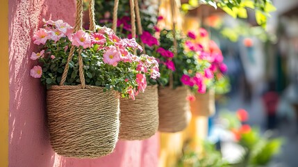 Hanging Woven Rope Gardening Pots with Cascading Colorful Flowers against Bright Outdoor Wall
