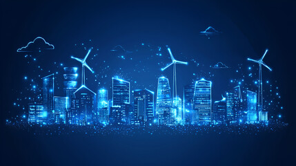 Fototapeta premium Smart city, glowing skyline, wind turbines, night, sustainable energy, futuristic design