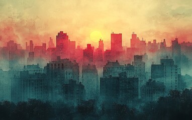 Misty city skyline at sunset, red and orange hues.