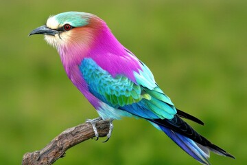 Fototapeta premium A vibrant image of a lilac-breasted roller bird perched on a branch, its colorful plumage shining. 