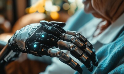 A photo depicting an elderly person at home, using voice commands to calibrate the dexterity and response speed of their sophisticated, robotic hand prosthesis