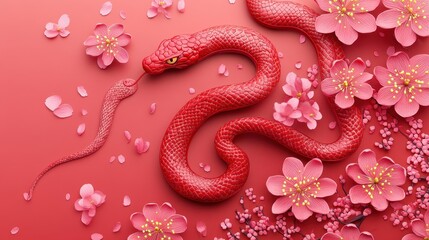 Obraz premium Chinese new year 2025 concept,Red snake flat lay top view, Happy Chinese new year with Red envelope and gold ingot,blessing, wealth on red background with copy space for your text.
