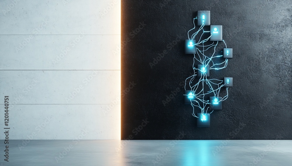 Poster Abstract Network Data Visualization Glowing Nodes and Connections on Dark Wall