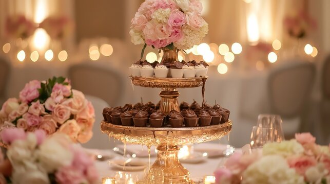 Elegant Valentine's party setting, chocolate fountain centerpiece, soft candle glow, pastel and gold color theme