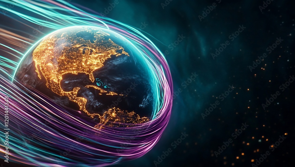 Poster Global Network Illuminated Earth with Dynamic Light Trails Futuristic Connectivity