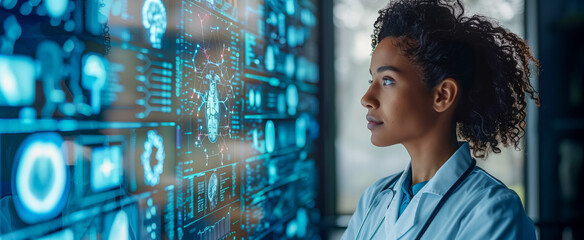 Female doctor analyzing data on a digital interface screen
