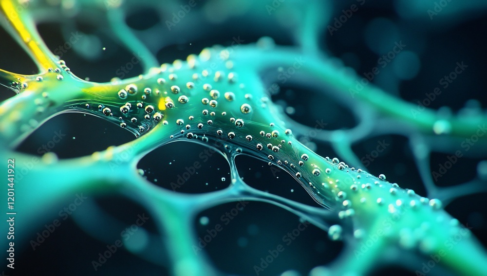 Aufkleber Abstract Teal Network Microscopic Structure with Luminous Bubbles and Glowing Filaments