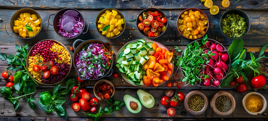 Colorful arrangement of fresh vegetables and herbs on wooden table