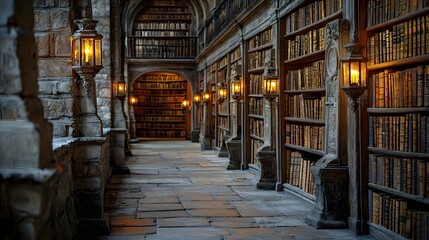 Fototapeta premium Ancient Library with Stone Walls,Wooden Shelves,and Glowing Lanterns Exuding Historic Wisdom