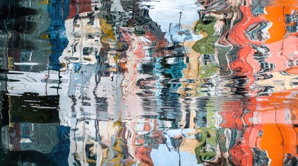 Fototapeta premium Rain-dappled reflection of city buildings creating an artistic, abstract effect. Focus on urban aesthetics, wet surface, and modern architecture. Generative AI