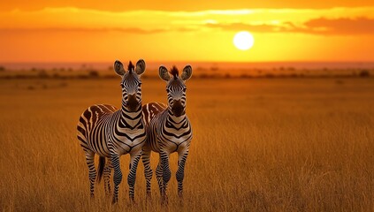 Obraz premium African Zebras Stand in Golden Sunset Grassland, Wildlife Beauty at Dusk