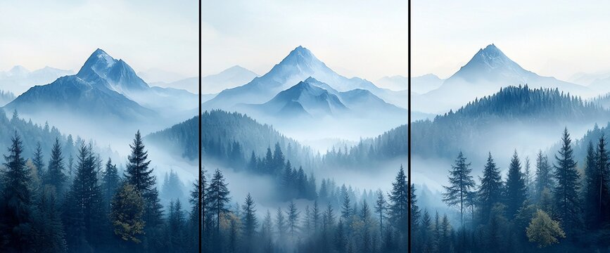 Misty mountain landscape triptych.