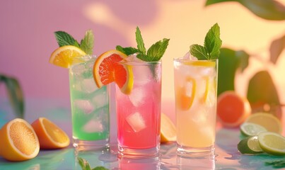 A refreshing scene with three colorful drinks in tall glasses, garnished with mint leaves and citrus, against a soothing pastel background for a summer refreshment vibe