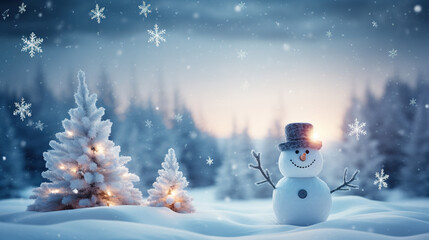 Obraz premium Winter Wonderland Scene with Snowman and Christmas Tree