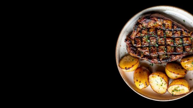 A detailed illustration of a juicy grilled steak on a plate, garnished with rosemary, pepper, and salt. Accompanied by roasted vegetables, it&rsquo;s perfect for menus, barbecue themes