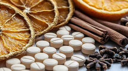 Fototapeta premium Flat-lay of Herbal Supplements,Dried Citrus,and Aromatic Spices for Seasonal Health and Immunity