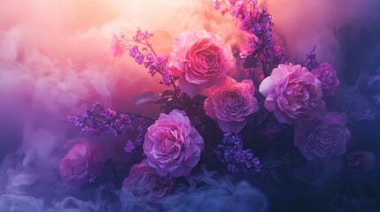 Fantasy-inspired valentine bouquet with glowing flowers, soft neon pink and purple hues, surrounded by mystical mist
