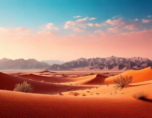 Paysages minimalistes : D&eacute;serts avec un ciel pastel ou montagnes stylis&eacute;es Generated image