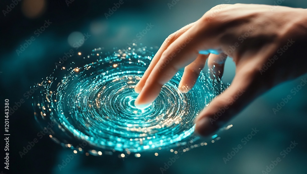 Poster hand interacting with futuristic teal digital interface abstract technology concept