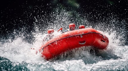 Fototapeta premium Red raft navigating whitewater rapids, splashing water.