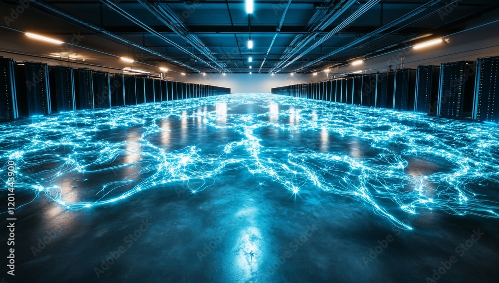 Poster futuristic data center server room with glowing network connections