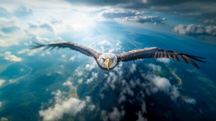 Obraz premium gros plan sur la tête d'une pygargue ou d'un aigle en train de piquer à toute vitesse au dessus des nuages