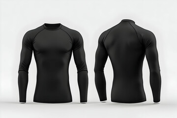 A front and back view of a blank black rashguard mockup, ready for branding or custom design.
