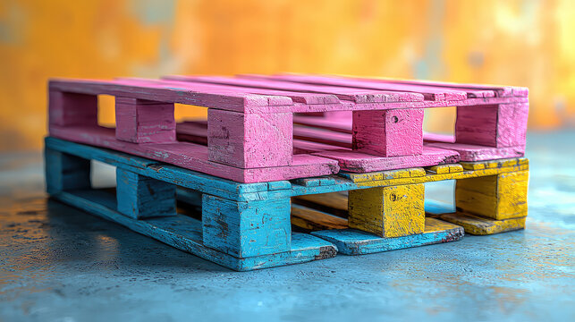 Two small, colorful wooden pallets, pink and blue, stacked on a gray surface against a blurred orange background.