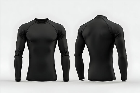A front and back view of a blank black rashguard mockup, ready for branding or custom design.