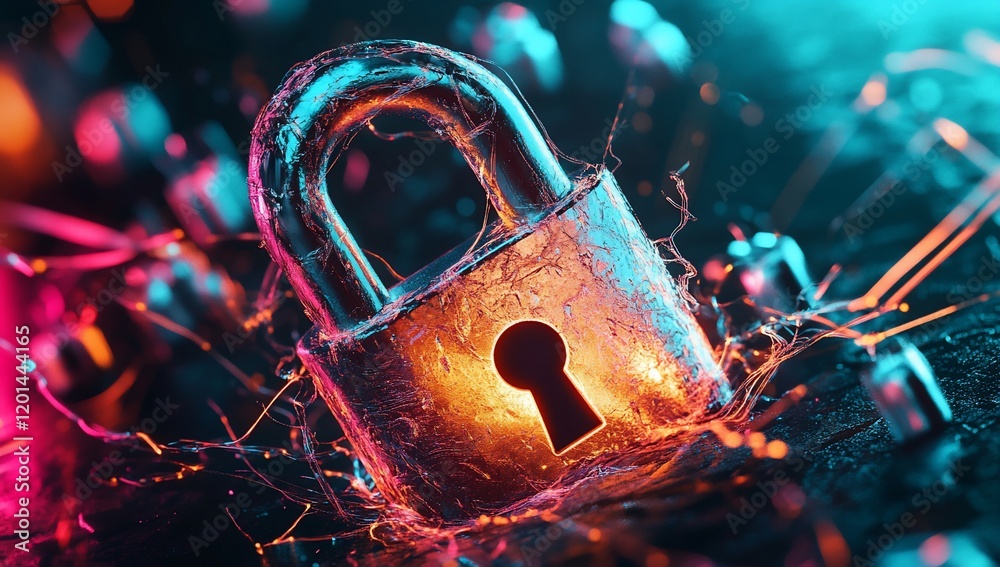 Poster cyber security concept glowing padlock in neon abstract digital art