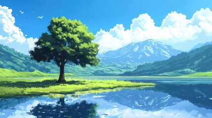 Naklejka premium Serene Lakeside Tree And Mountain Landscape